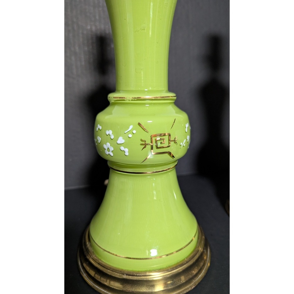Vintage 1950's Working Pair of Hand Painted Green Glass & Brass Table Lamps - Picture 8 of 16